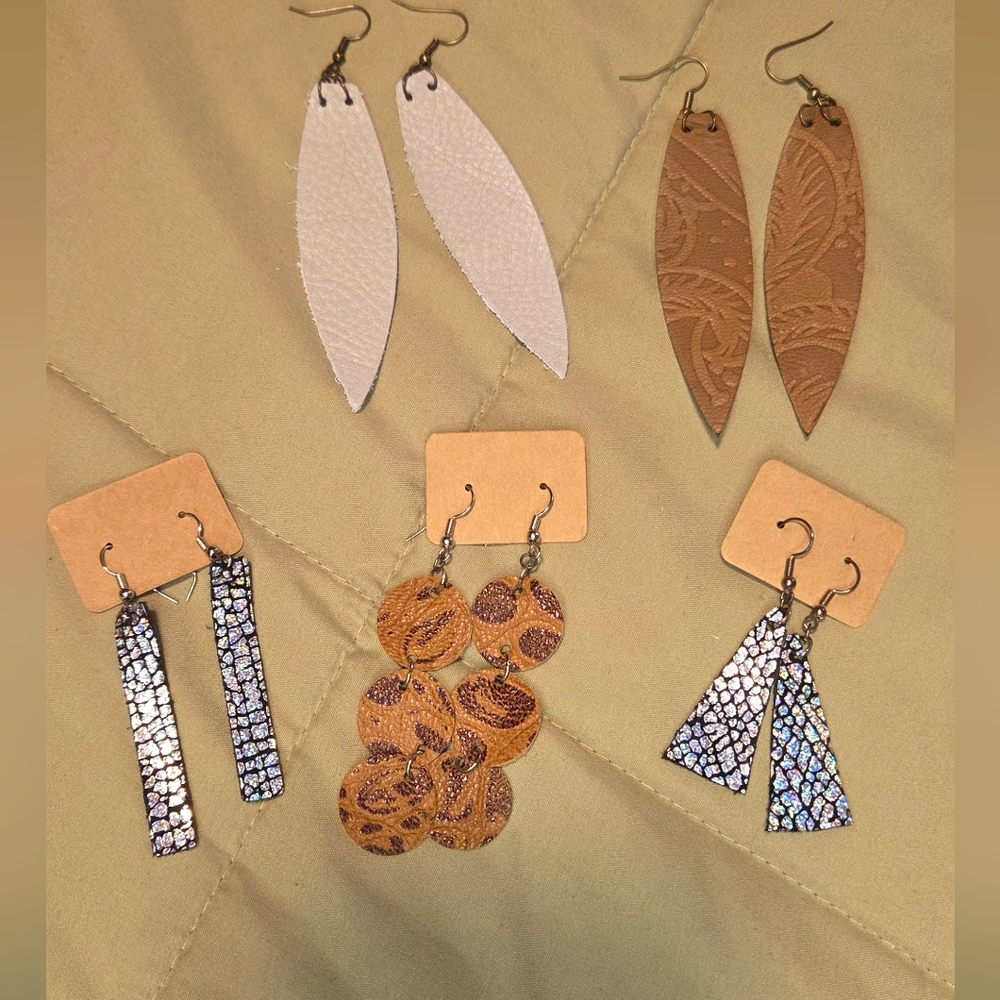Handmade Genuine Leather Earrings Lot 5 Boho Dangle Lightweight Mixed Styles